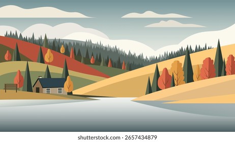 House by the river against the background of autumn forest and mountains. House in nature with a bench by the river. Vector illustration of autumn landscape of river, hills, forest and house.