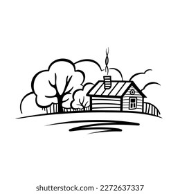 A house by the river. Black and white logo or emblem in vintage style