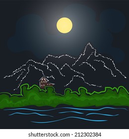 house by the river and mountains in the background of the night sky