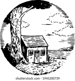 A house by the tree ink illustration. Landscape minimal drawing. Clouds, sky and tree vector drawing. 