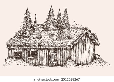 House or cabin with grass roof in sketch hand drawn style. Vector monochrome illustration.