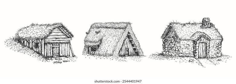House or cabin with grass roof in sketch hand drawn style. Vector monochrome illustration.