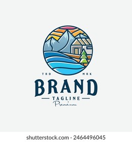 House Cabin Logo Vector Mountain Lodge Beach Island Illustration Design Sunset Outdoor Roof Residence Real Estate