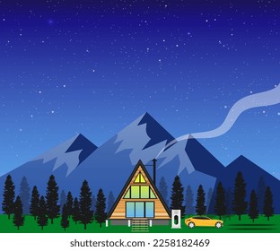 House cabin in the woods mountain view illustration electric car charging vector