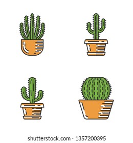 House cacti in pot color icons set. Mexican tropical flora. Organ pipe cactus, saguaro, mexican giant, barrel house. Isolated vector illustrations