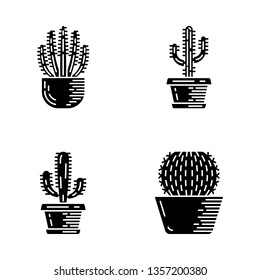 House cacti in pot glyph icons set. Mexican tropical flora. Organ pipe cactus, saguaro, mexican giant, barrel house. Silhouette symbols. Vector isolated illustration