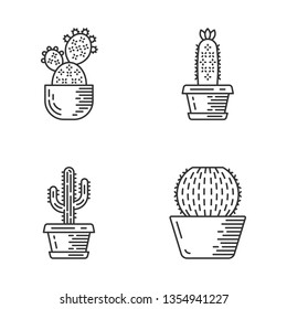 House cacti in pot linear icons set. Succulents. Cacti collection. Prickly pear, hedgehog cactus, saguaro, barrel cactus.  Thin line contour symbols. Isolated vector outline icons. Editable stroke