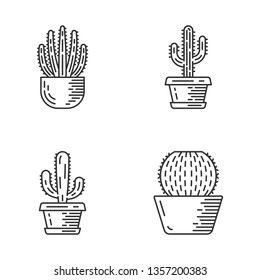 House cacti in pot linear icons set. Mexican tropical flora. Organ pipe cactus, saguaro, mexican giant, barrel house. Thin line contour symbols. Isolated vector outline illustrations. Editable stroke
