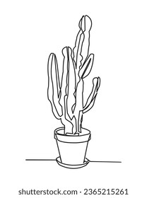 House cactus in pot. Continuous one line drawing. Vector illustration