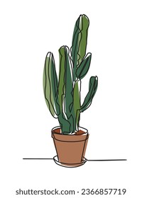 Cactus de casa en la olla. Dibujo continuo de una línea. Ilustración del vector