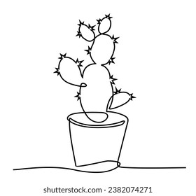 House cactus in pot. Opuntia cactus hand drawing. Continuous one line drawing. Home plants, succulents sketch. Design minimalist concept. Vector illustration isolated on white background.