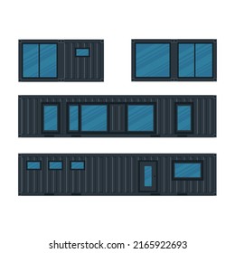 House, Cafe of black cargo container. Single storey building with a veranda out of container for ship isolated on a white background. Vector illustration.
