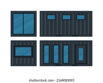 Haus, Café des schwarzen Frachtcontainers. Einstöckiges Gebäude mit einer Veranda aus Container für Schiff einzeln auf weißem Hintergrund. Vektorgrafik.