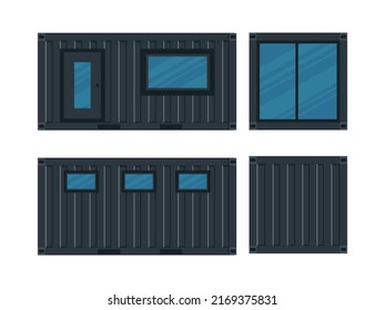 House, Cafe Of Black Cargo Container. Single Storey Building With A Veranda Out Of Container For Ship Isolated On A White Background. Vector Illustration.