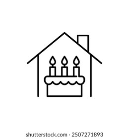 House with cake with candles inside. Housewarming party. New owners celebration. Pixel perfect, editable stroke icon