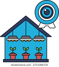 Una casa con una cámara encima. La casa está rodeada de plantas y tiene un aspecto moderno