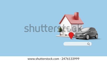 House, car, 3D. Banner for a site for finding and renting housing, selling, insurance, comfortable, and smart home. Vector illustration.