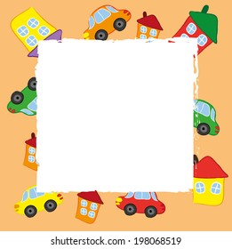 Marco de dibujos animados de casas y coches
