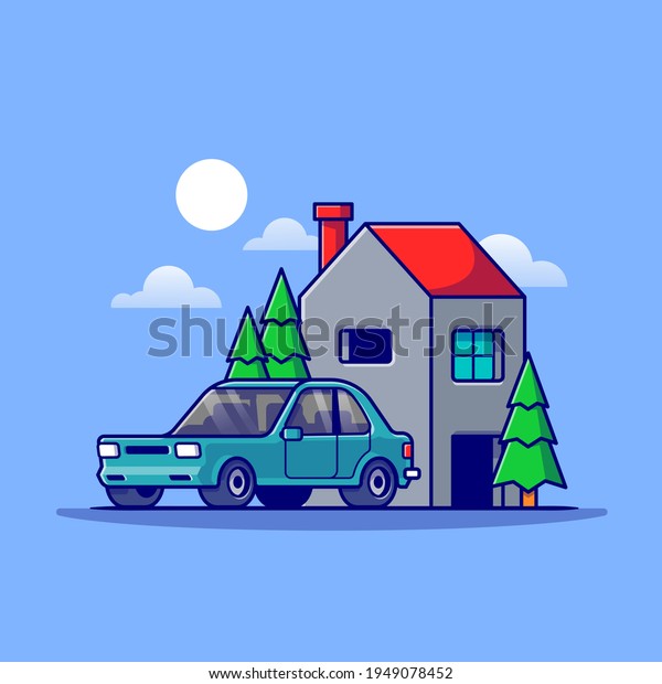 House And Car Cartoon Vector Icon Illustration.\
Building Transportation Icon Concept Isolated Premium Vector. Flat\
Cartoon Style