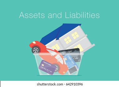 House and car and credit card and telephone in translucent box. Illustration about between assets and liabilities.