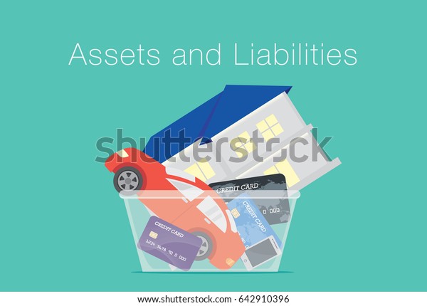 House\
and car and credit card and telephone in translucent box.\
Illustration about between assets and\
liabilities.
