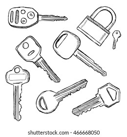 House And Car Key Doodles. Illustration Of Hand Drawn Keys.