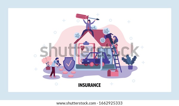 House, car and medical insurance. Health and\
life insurance concept. Home repair. Vector web site design\
template. Landing page website\
illustration