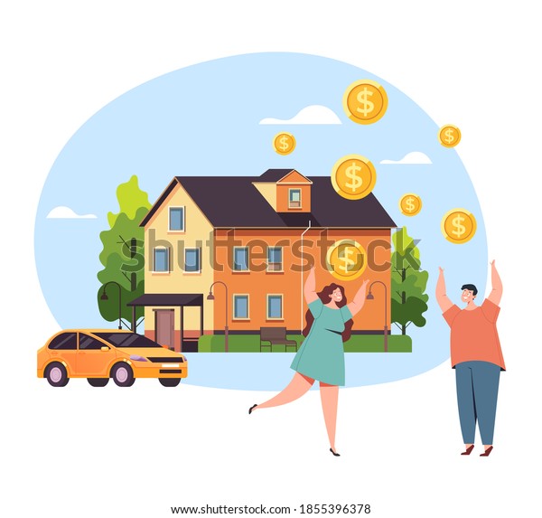 House car mortgage\
loan credit happy people couple concept. Vector flat cartoon\
graphic design\
illustration
