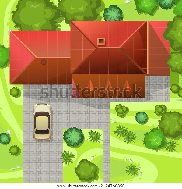House with car near road in the meadow. Top view\
from above. Small town building and trees. Cartoon cute style\
illustration. Vector.
