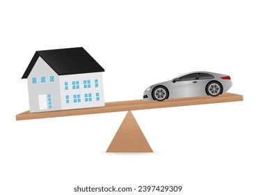 Casa y auto en la escala de Balancing. Casa Inmobiliaria. Ahorro de dinero para casa y auto. Concepto de Préstamo o Hipoteca. 