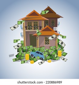 house and car on money stack, real estate business concept - vector illustration
