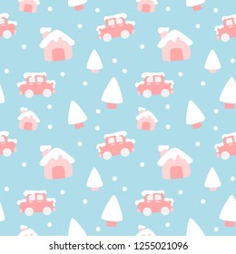 House, car and pine tree in winter - seamless pattern 