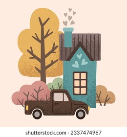 House with car, tree, christmas tree, fir and bushes in a naive children's style.  Autumn colored illustration. Clipart for the design of greeting cards, invitations, prints, stickers and patterns. 