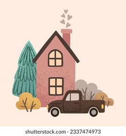 House with car, tree, christmas tree, fir and bushes in a naive children's style.  Autumn colored illustration. Clipart for the design of greeting cards, invitations, prints, stickers and patterns. 