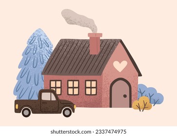 House with car, tree, christmas tree, fir and bushes in a naive children's style.  Autumn colored illustration. Clipart for the design of greeting cards, invitations, prints, stickers and patterns. 