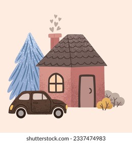 House with car, tree, christmas tree, fir and bushes in a naive children's style.  Autumn colored illustration. Clipart for the design of greeting cards, invitations, prints, stickers and patterns. 