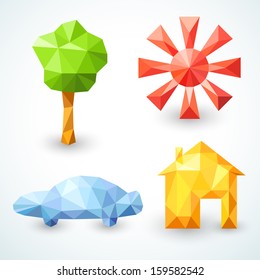 House, car, tree and sun icons set. Vector illustration for your modern funny lovely design. Banner of bright polygonal origami  symbols of family values for your business presentation.