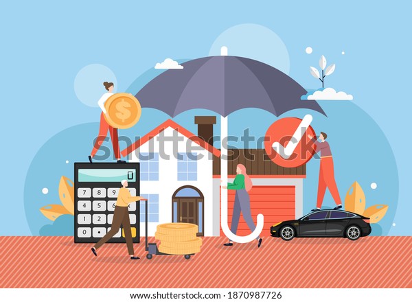 House and car under umbrella, under reliable\
protection of insurance policy, flat vector illustration. Property\
insurance services.