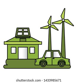 house car windmill solar panel eco friendly environment vector illustration