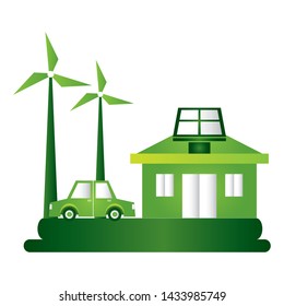 house car windmill solar panel eco friendly environment vector illustration