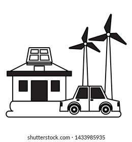 house car windmill solar panel eco friendly environment vector illustration
