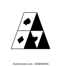 House of cards. Cutout silhouette icon of pyramid with spade, heart, diamond. Black simple illustration. Outline isolated vector pictogram on white background