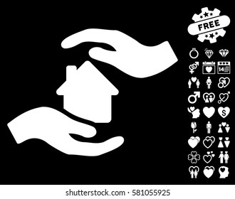 House Care Hands icon with bonus passion images. Vector illustration style is flat iconic white symbols on black background.