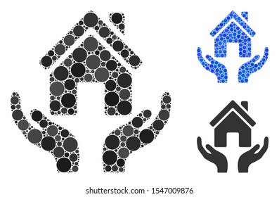 House care hands mosaic of round dots in different sizes and shades, based on house care hands icon. Vector round elements are united into blue illustration.