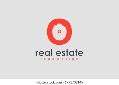 House Care Logo. Red Shape Initial Letter O with Negative Space Home Symbol isolated on Vintage Background. Usable for Real Estate and Medical Center Logo. Flat Vector Logo Design Template Element