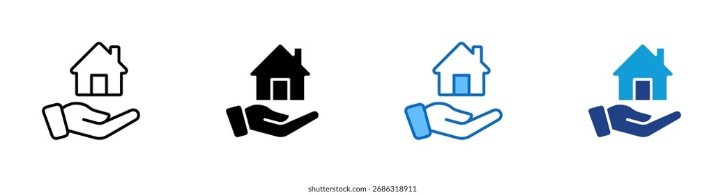 House Care Multiple Style Icon Design Vetor - Mão segurando uma casa, representando o cuidado imobiliário, proteção e suporte de propriedade