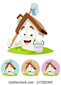 House cartoon character illustration cleaning house with mop