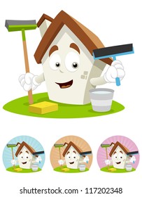 House cartoon character illustration with cleaning tools ready to clean the house