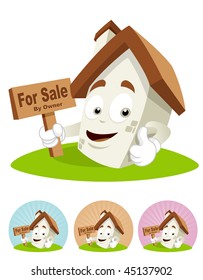 House cartoon character  illustration holding for sale board with his left thumb up