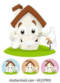 House cartoon character  illustration holding a house key, smiling widely